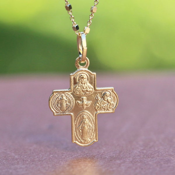 18 kt gold plated Miniature 4 Way Cross Pendant - Sterling Silver Holy Spirit & St Benedict Scapular - Ideal for Catholic Women - 21x17mm