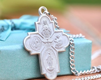 4-Way Cross with Multiple Saints | Rhodium Plated Sterling Silver | Catholic Devotional Jewelry