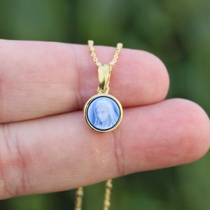Tiny Virgin Mary Cameo Pendant: Gold Plated Sterling Silver, Dainty Catholic Jewelry (8mm)