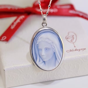 Our Lady of Grace Cameo Pendant: Sterling Silver Blue Agate Necklace