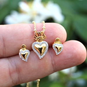 Gold Plated Sacred Heart Jewelry Set: Sterling Silver Necklace and Earrings