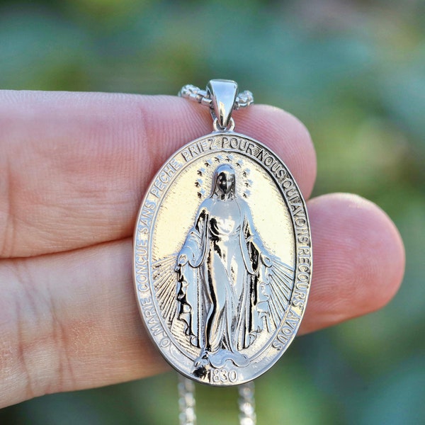 Large silver Miraculous Medal for man, French Miraculous Medal, sterling silver Miraculous medal, original design Miraculous Medal