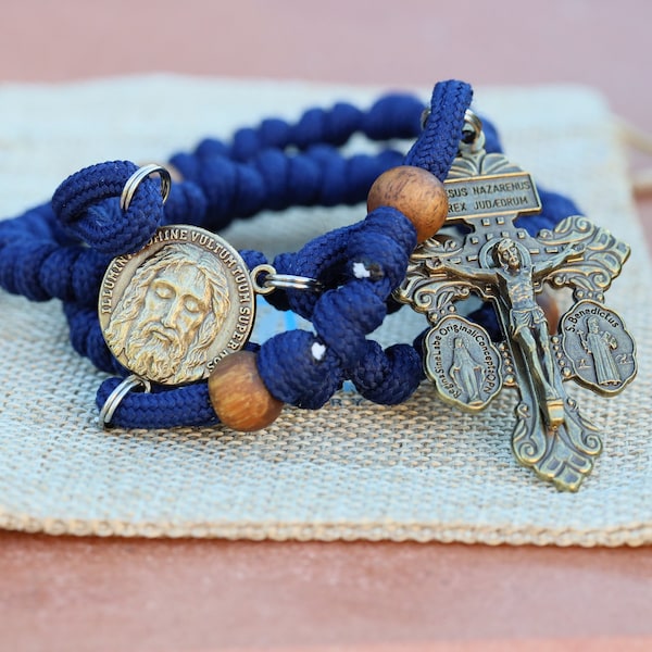 Pardon crucifix rosary, paracord rosary,hand knitted rosary,Most Holy face rosary,Jesus Face rosary, gift for man, navy blue paracord rosary