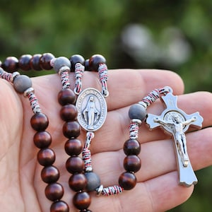 Small wooden rosary, brown rosary, St Benedict crucifix and Miraculous medal rosary, rosary for man or woman, catholic rosary with pouch