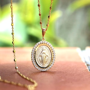 Dainty Miraculous Medal Pendant: 18kt Gold Plated, Cubic Zirconia Frame