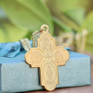 Sterling silver 4 way cross, 18 kt gold plated cross, cross with devotional saints, scapular cross, miraculous medal cross