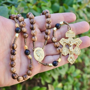 Pardon crucifix  rosary, wood rosary, Medjugorje rosary, gold plated rosary. St Benedict and Miraculous Medal rosary, Queen of Peace rosary