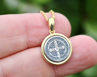 St Benedict pendant, sterling silver 925 medallion for women, gold plated cross pendant, two tone St Benedict of Nursia medal, round medal