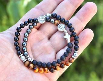 Handmade Precious Stone Rosary Bracelet: Tiger Eye, Onyx, Tourmaline