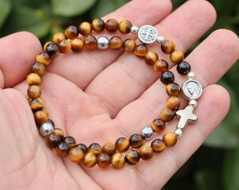 Tiger Eye Stone Rosary Bracelet for Men: Silver Plated Cross