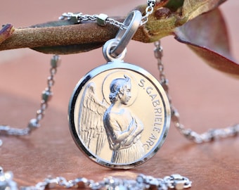 Sterling Silver St Gabriel Medal: Archangel Pendant, Diamond Cut Edge (13mm)