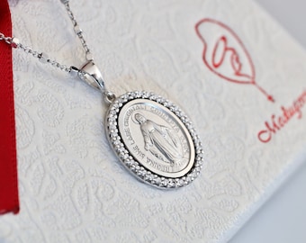 Sterling silver Miraculous Medal with zirconium, Our lady medal with cubic zirconia,Virgin Mary medal, Our lady of Grace, necklace for women