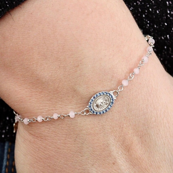 Bracelet chapelet en quartz rose pour femmes, bracelet chapelet médaille miraculeuse avec perles roses, bracelet médaille miraculeuse délicate avec zirconium