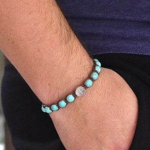 Sterlingzilveren Benedictus rozenkrans armband: katholieke sieraden met turquoise kralen