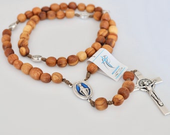 Wooden rosary, handmade olive wood rosary beads, blue Miraculous Medal rosary, wooden rosary with St Benedict cross, blue Virgin Mary medal