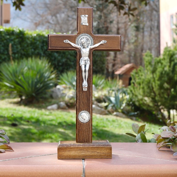Saint Benedict crucifix for home, St Benedict handmade wall crucifix, crucifix with stand, home altar crucifix, wooden cross for protection