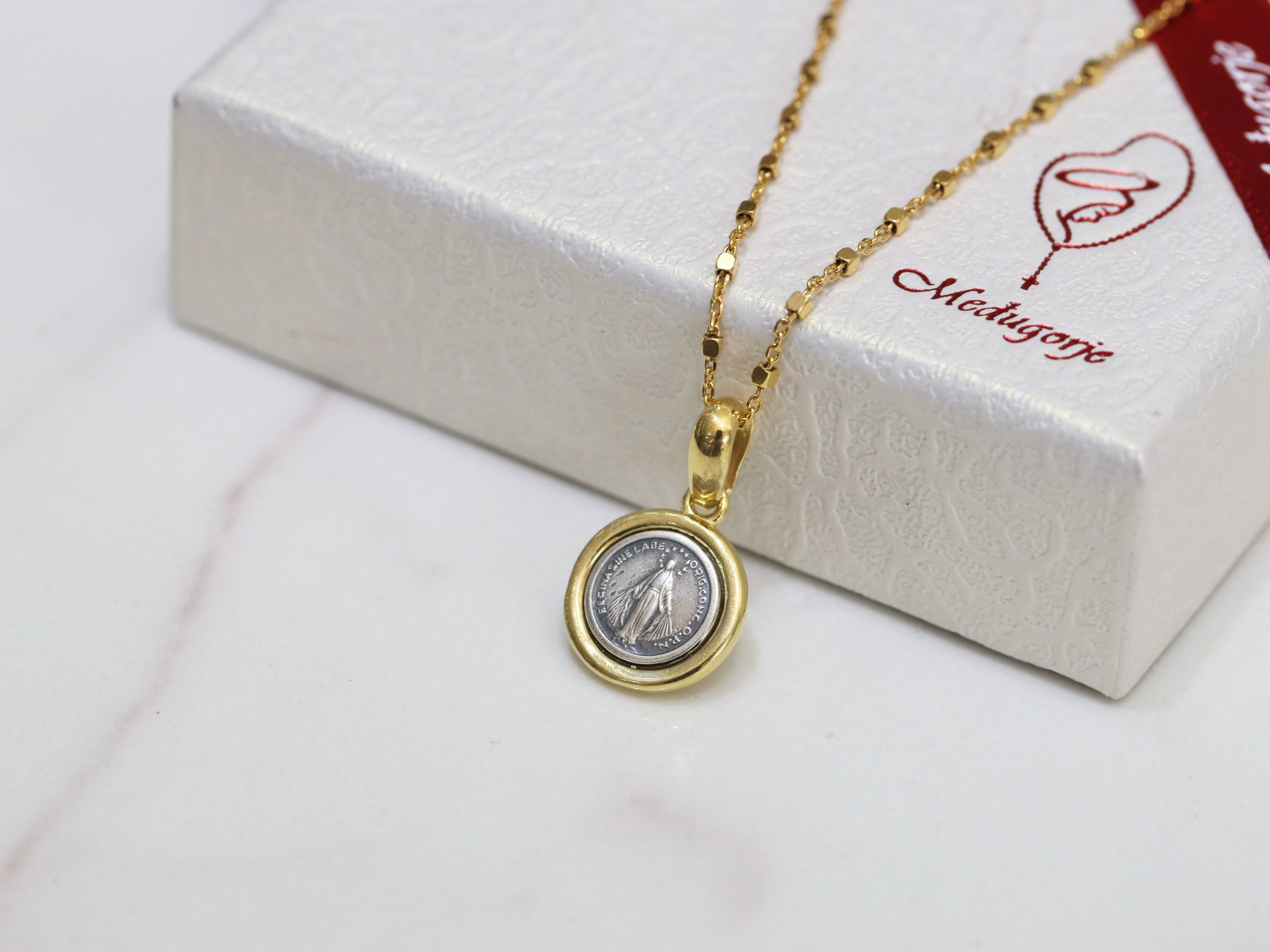 Dainty Miraculous Medal, minimalist medal of Our Lady of Grace,Very small round Virgin Mary pendant, vintage 12 mm sterling silver 925 medal