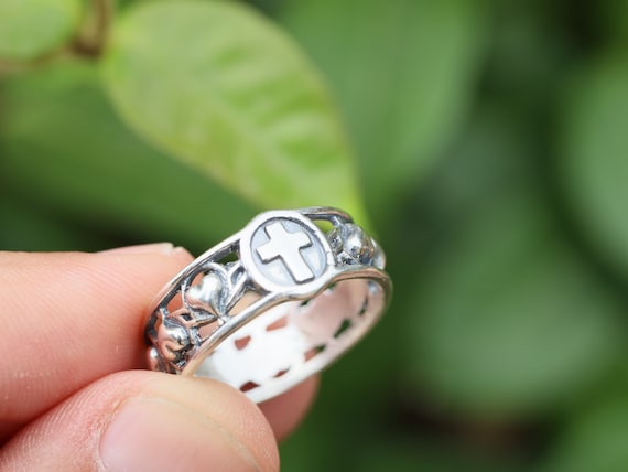 Sterling Silver Rosary Ring: Vintage Cross & Hearts Prayer Ring - Etsy