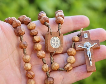 Olive wood rosary, handmade rugged rosary, St Benedict crucifix rosary, hand carved olive wood beads, catholic rosary for man with pouch