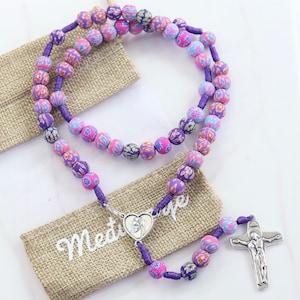 Purple fimo rosary beads, hand made fimo rosary, Medjugorje rosary made out fimo beads,purple flowers rosary beads for kids,colorful rosary