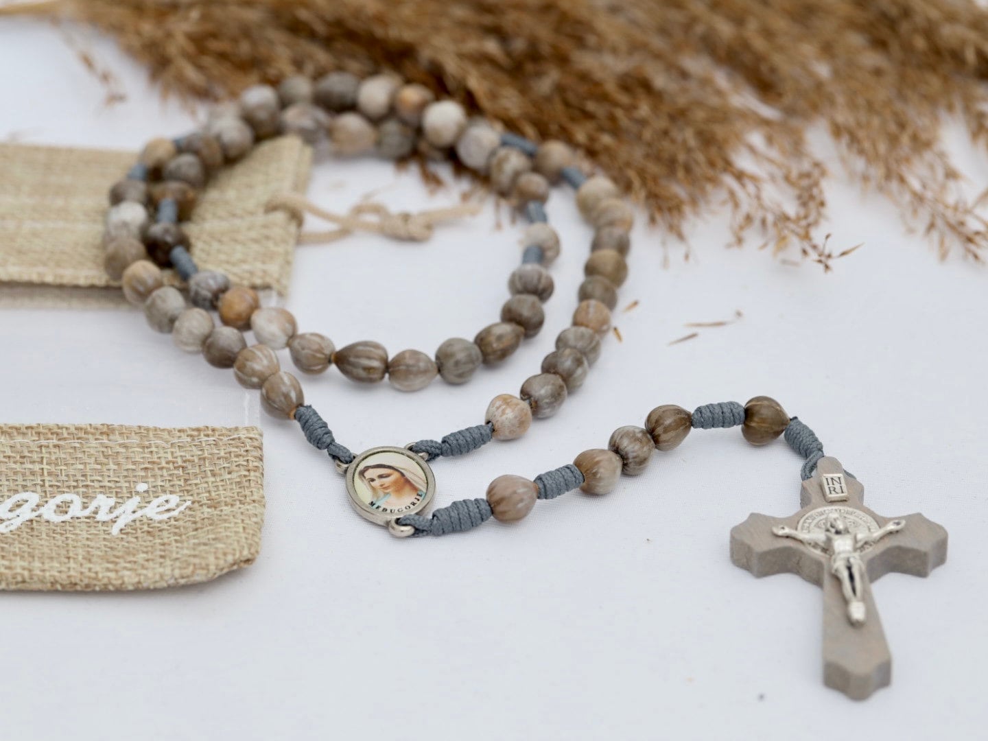Handmade Job's Tears Rosary: Natural Seed Beads, St Benedict