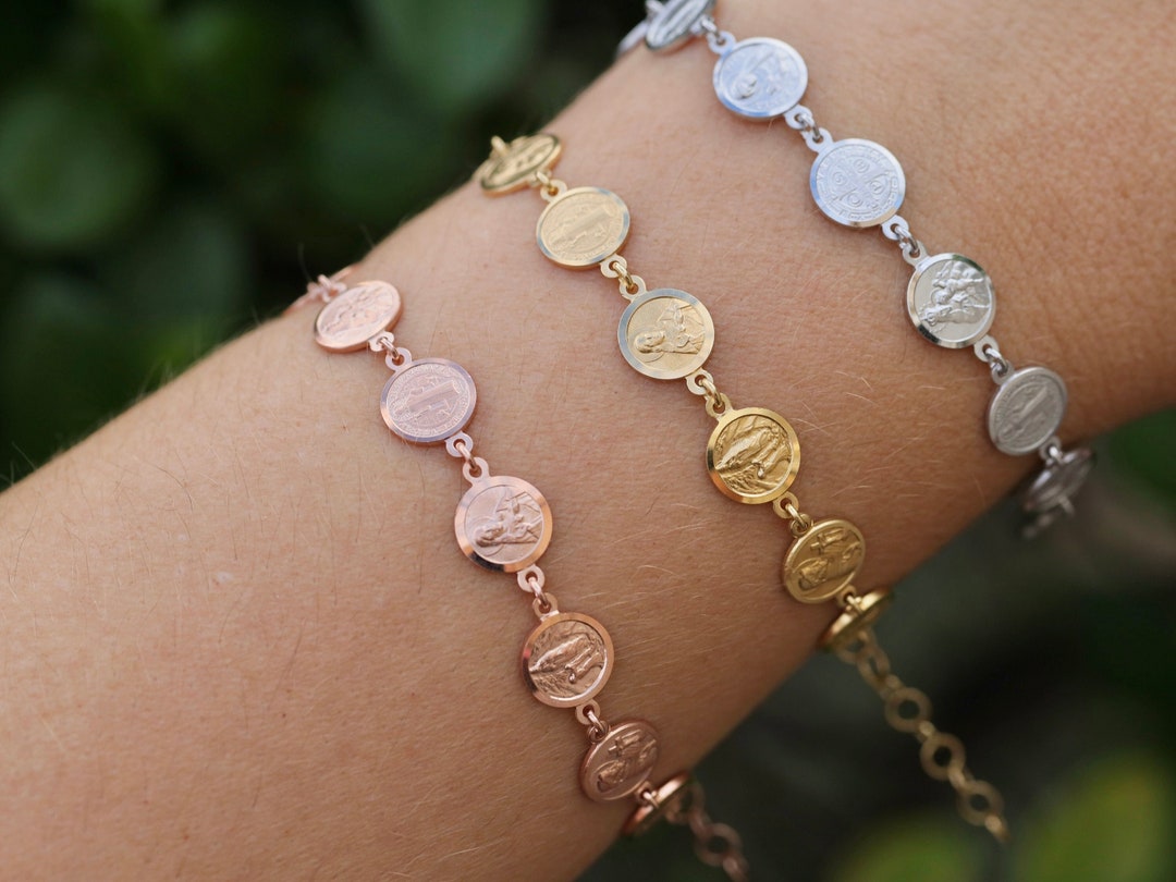 Catholic Saints Bracelet, Round Miniature Saints , Diamond Cut Sterling