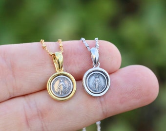 Miniature Miraculous Medal, sterling silver 925 Our Lady of Grace medal, catholic charm for teenage, dainty Miraculous Medal, two tone medal