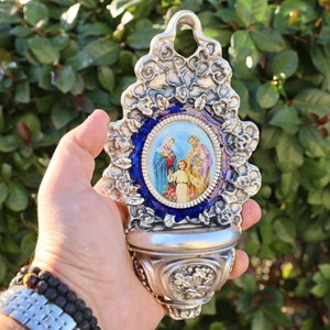 Holy water fountain, home altar fountain, Holy Family water fountain for wall, metal fountain for blessed water, silver color water fountain