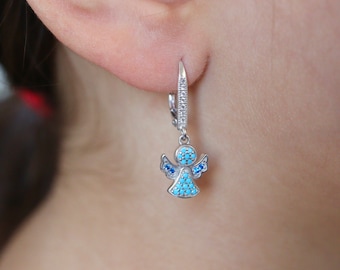 Sterling Silver Angel Earrings: Blue Cubic Zirconia Lever Backs