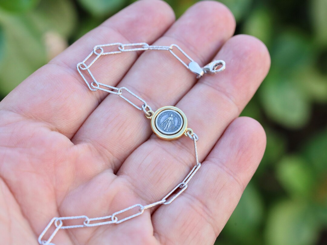 Sterling Silver Miraculous Medal Bracelet: Paperclip Chain, Our Lady of ...