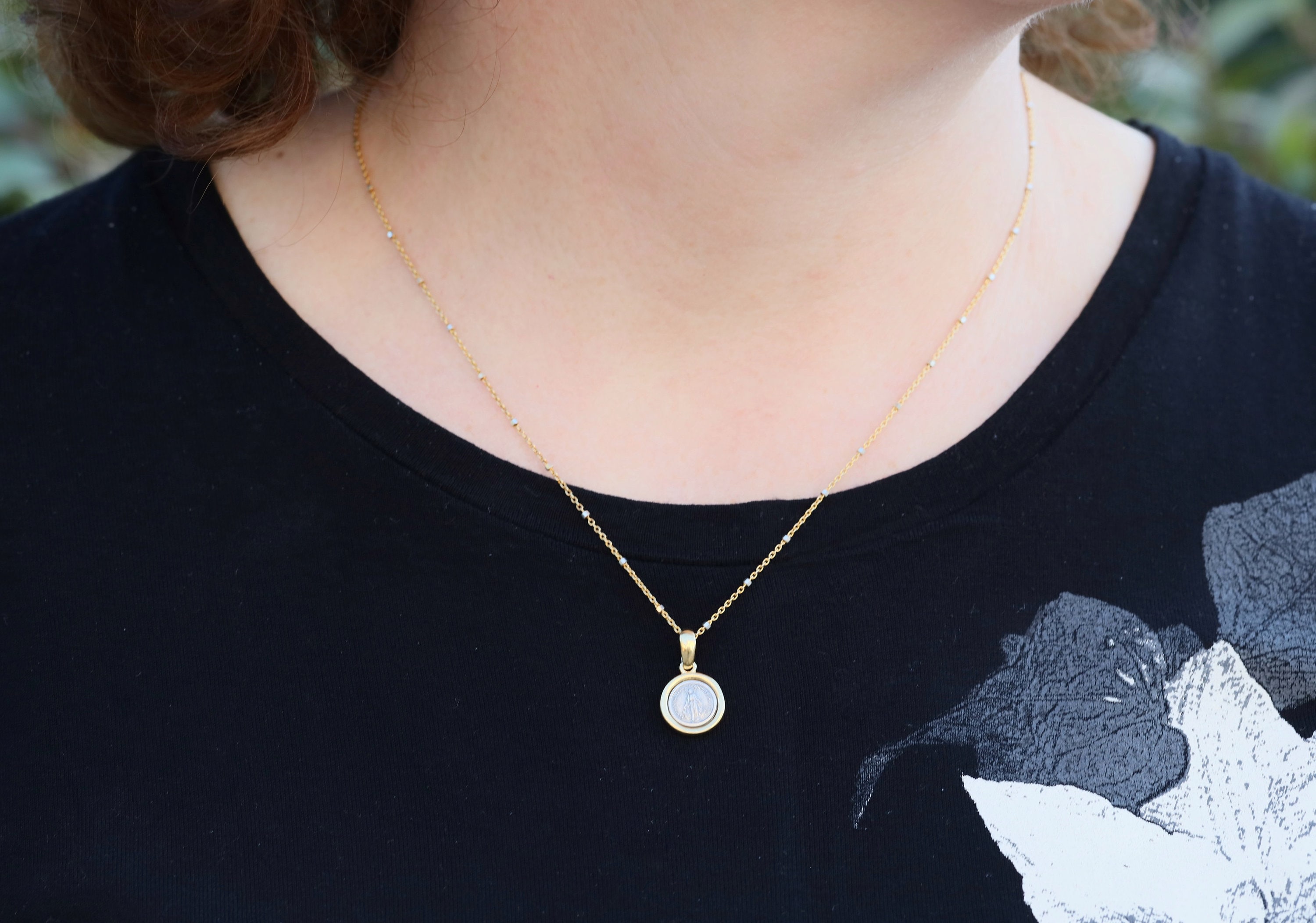 Dainty Miraculous Medal, minimalist medal of Our Lady of Grace,Very small round Virgin Mary pendant, vintage 12 mm sterling silver 925 medal