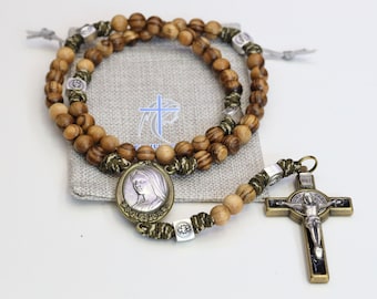 St Benedict Crucifix Rosary: Zebra Wood, Paracord, Queen of Peace