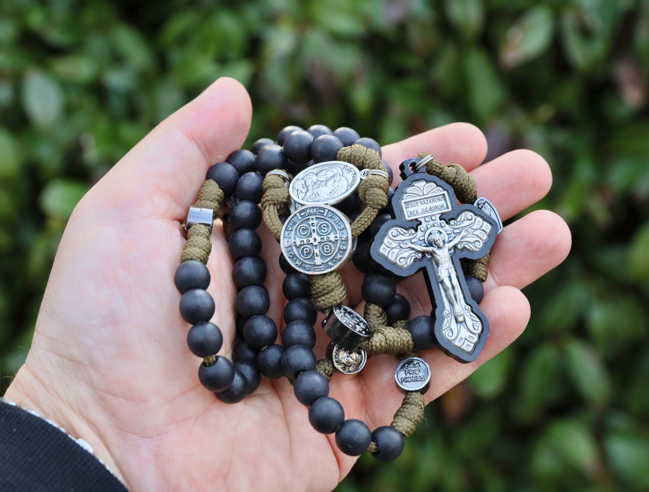 Large Paracord Rosary: Acacia Wood Beads, Saint Medals, Pardon
