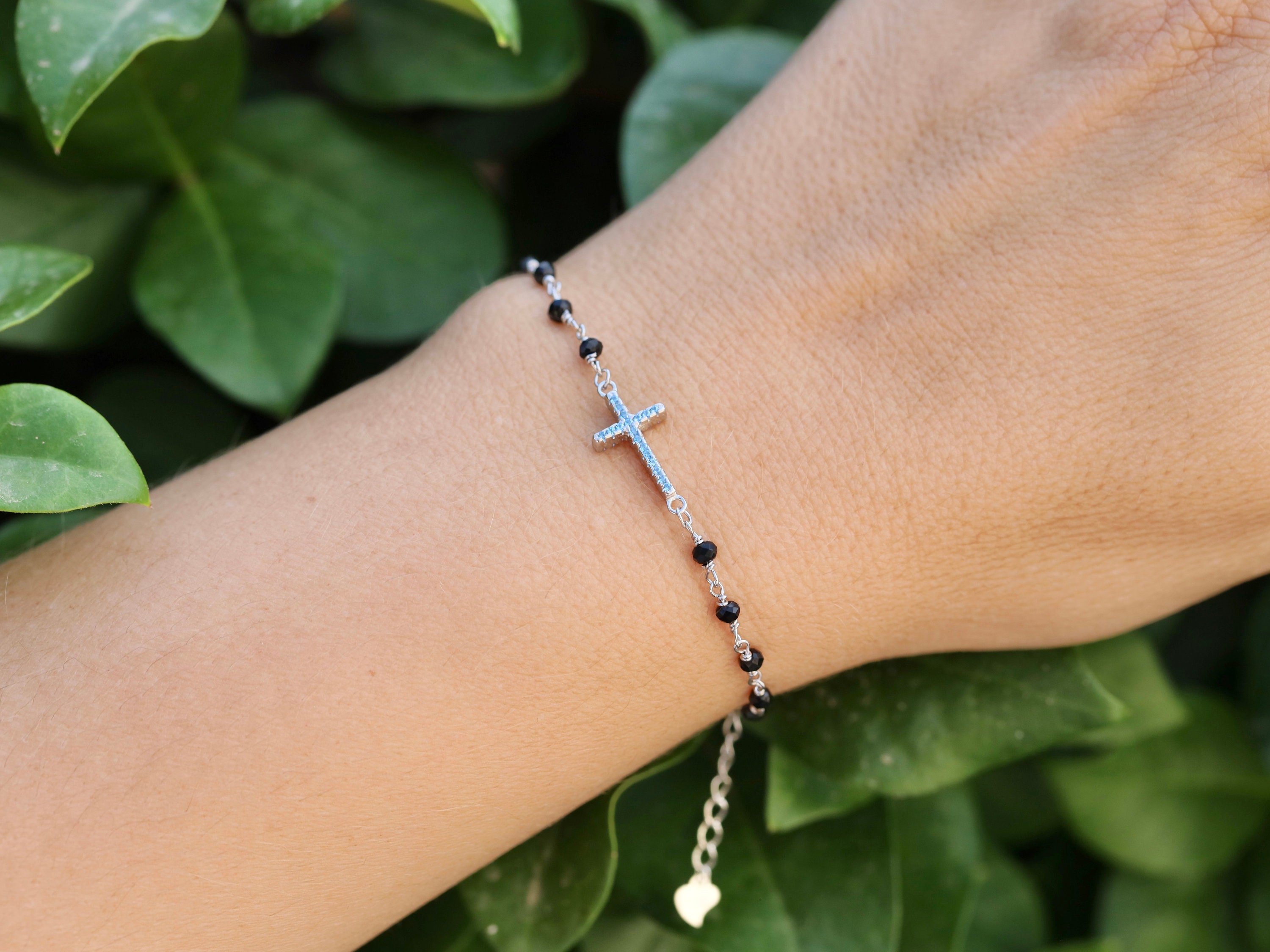 Sterling Silver Black Tourmaline Rosary Bracelet for Women black