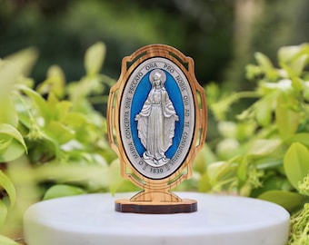 Italian-Made Miraculous Medal Tabletop Stand - Silver Plated Alloy & Olive Wood, small Miraculous Medal table stand