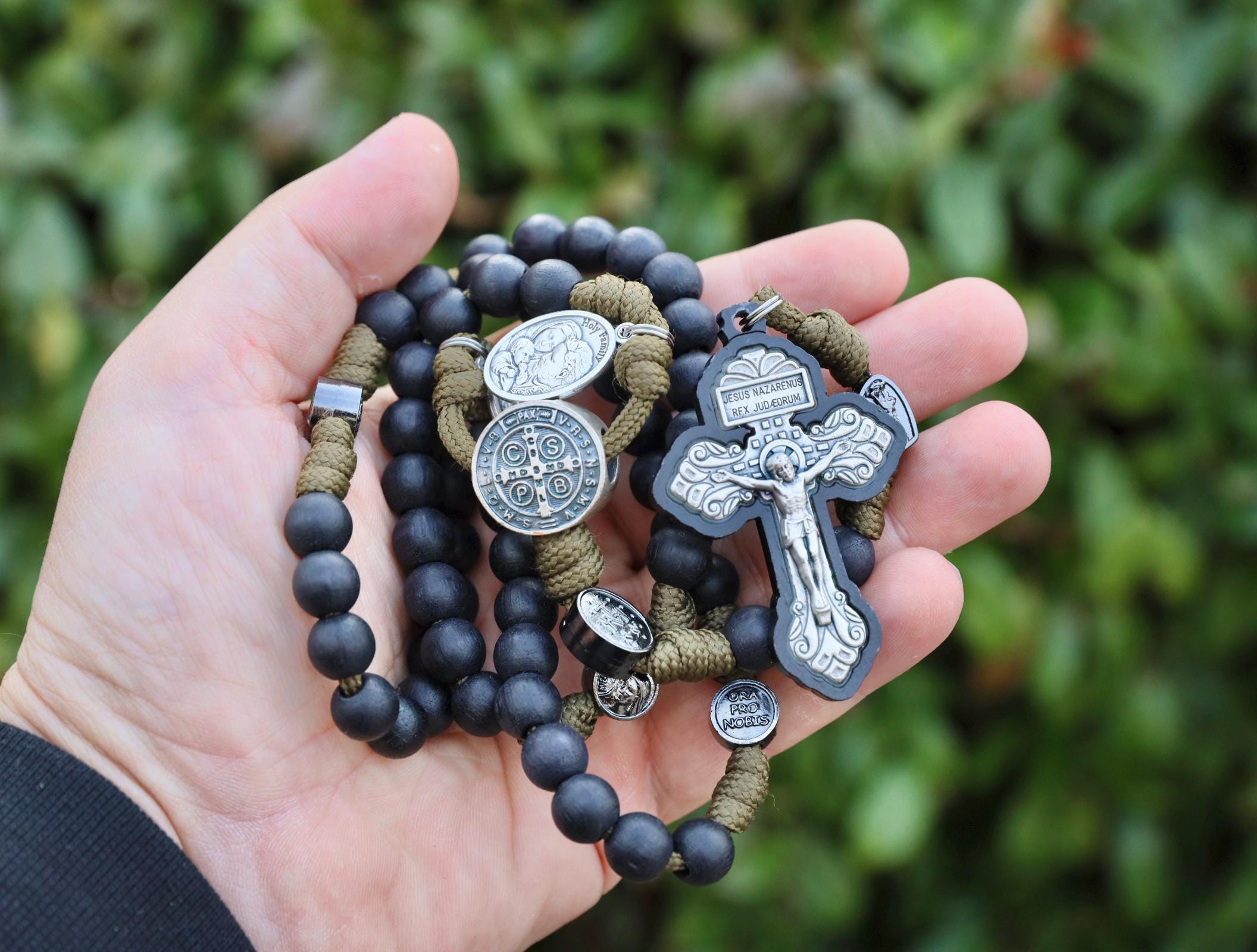 Large Paracord Rosary: Acacia Wood Beads, Saint Medals, Pardon