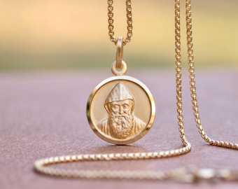 St Charbel-hangerketting verguld sterlingzilver, katholieke heilige medaille voor mannen vrouwen, gedetailleerde geslagen Saint Charbel-munt 15 mm