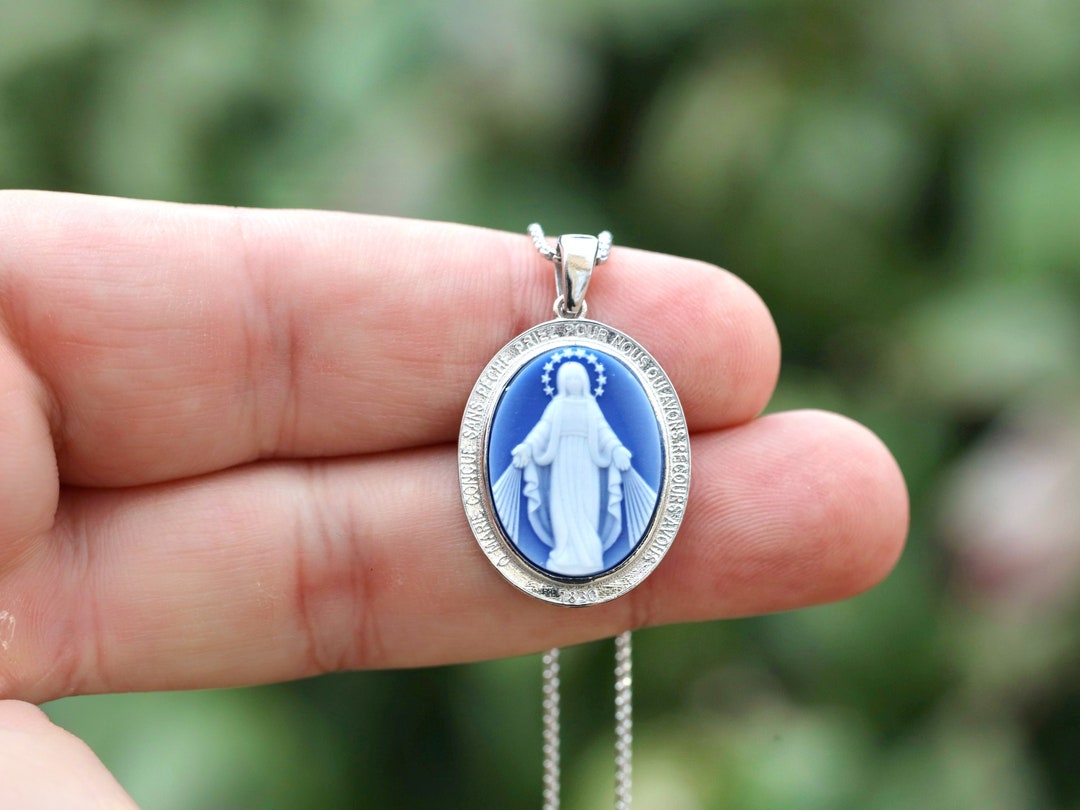 Blue Cameo Miraculous Medal: Sterling Silver Rhodium Plated Pendant - Etsy