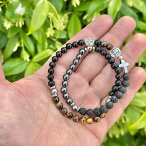 Vijf decennium rozenkrans armband voor man, hele rozenkrans armband met lavasteen hematiet tijgeroog zwarte onyx, volledige rozenkrans kralenarmband