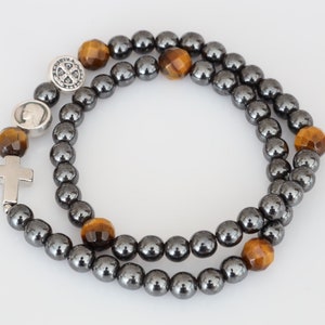 Hematite Rosary Bracelet: St Benedict, Tiger Eye, Medjugorje Medal