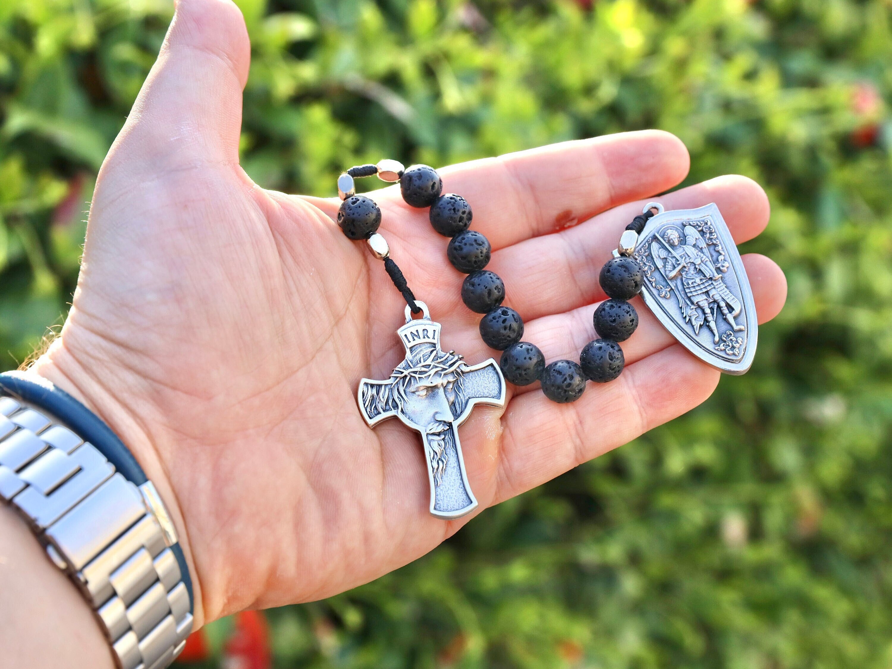 Catholic Lava Stone Pocket Rosary With St. Michael and Jesus Medal