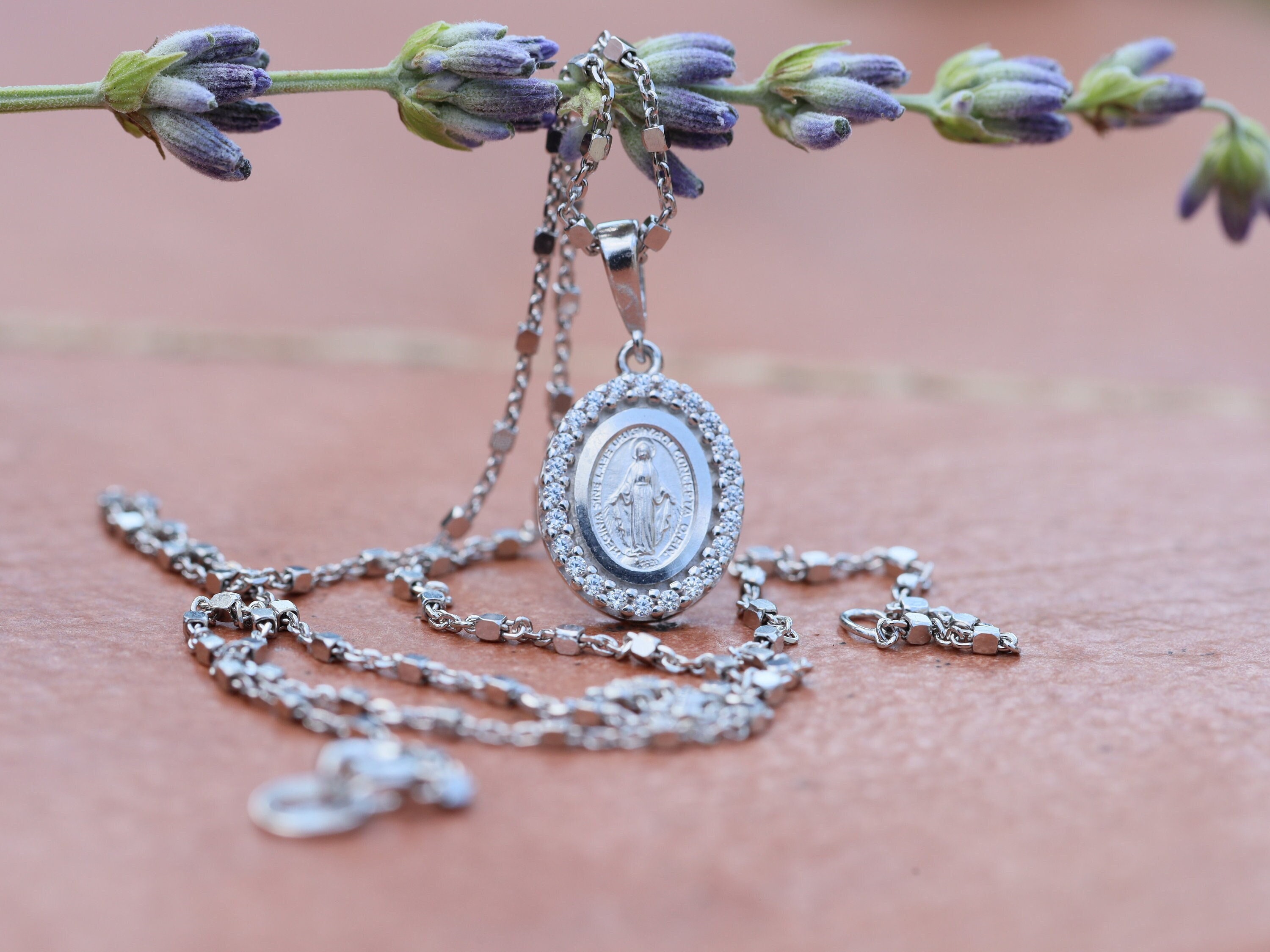 Miraculous Medal, sterling silver, Our Lady of Grace miniature medal, dainty pendant,minimalist medal with cubic zirconium, gift for teenage