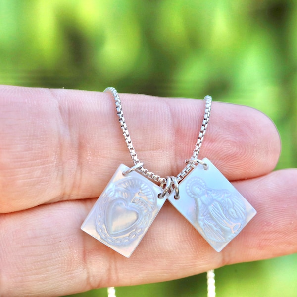 Perlmutt-Skapulier-Halskette: Unbeflecktes Herz, Sterlingsilber-Kette