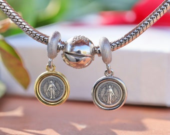 Miraculous Medal charm sterling silver fits Pandora, Catholic sterling silver bracelet charm,Two tone Miraculos medal Medjugorje pendant