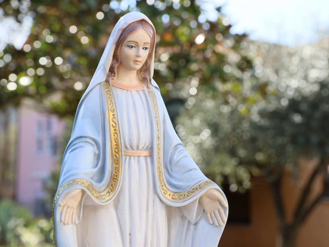 Solid Marble Powder Our Lady of Grace Statue, 40 Cm Virgin Mary Statue