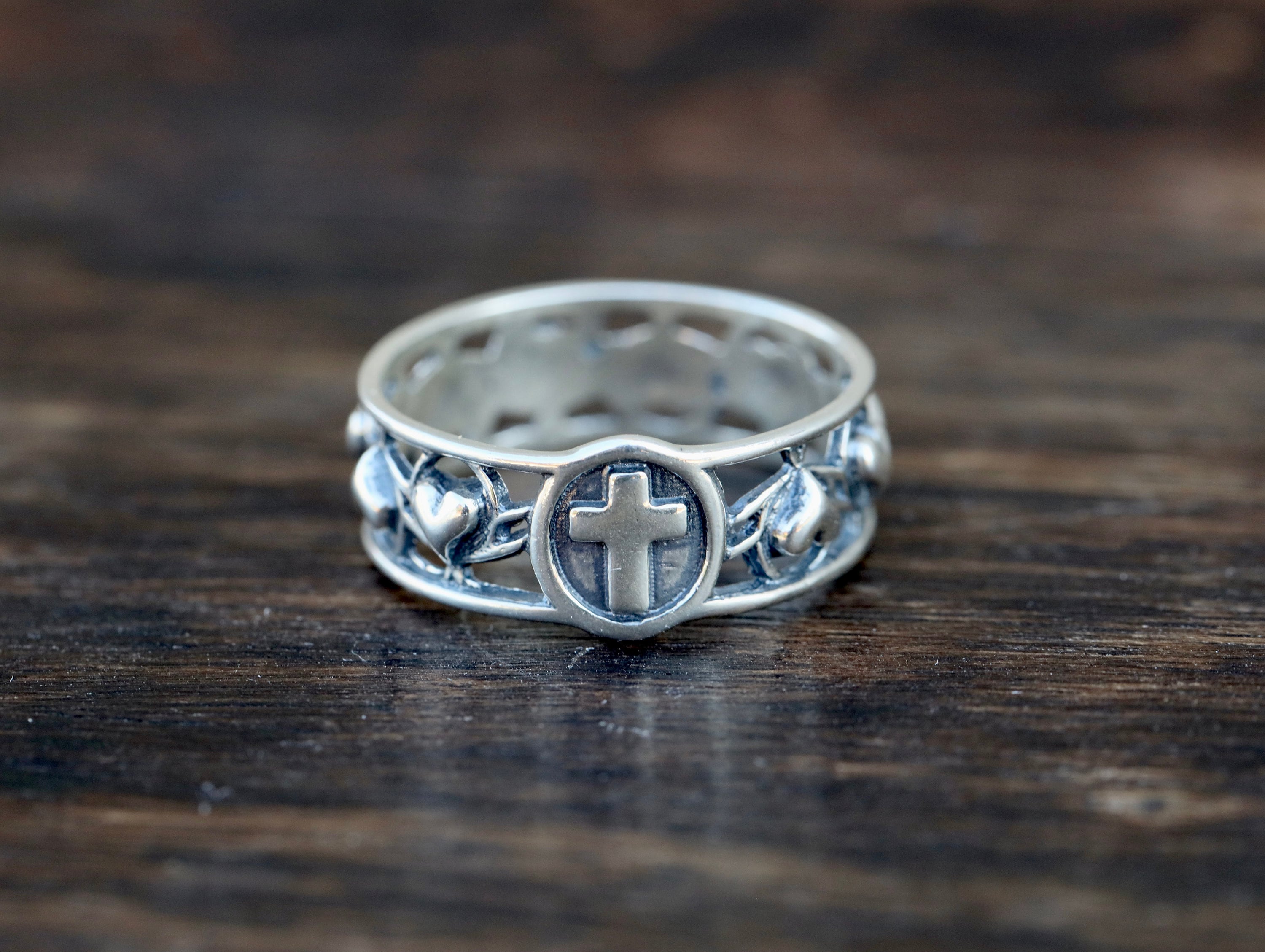 Sterling Silver Rosary Ring: Vintage Cross & Hearts Prayer Ring - Etsy