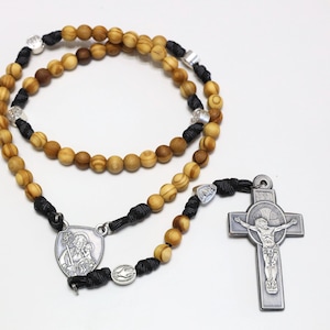 Handmade olive wood rosary, Paracord rugged rosary , large St Benedict crucifix rosary, 3 sacred hearts rosary, large beads rosary