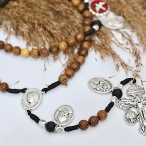 Handmade Pardon Cross Rosary: Wood Beads, Saint Medals