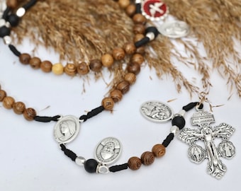 Pardon cross rosary,rosary with 10 different saints| Medjugorje rosary , wood rosary beads, Saint Benedict with miraculous medal rosary