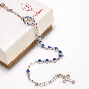 Sterling Silver Miraculous Medal Rosary Bracelet: Blue Rhinestone Catholic Jewelry